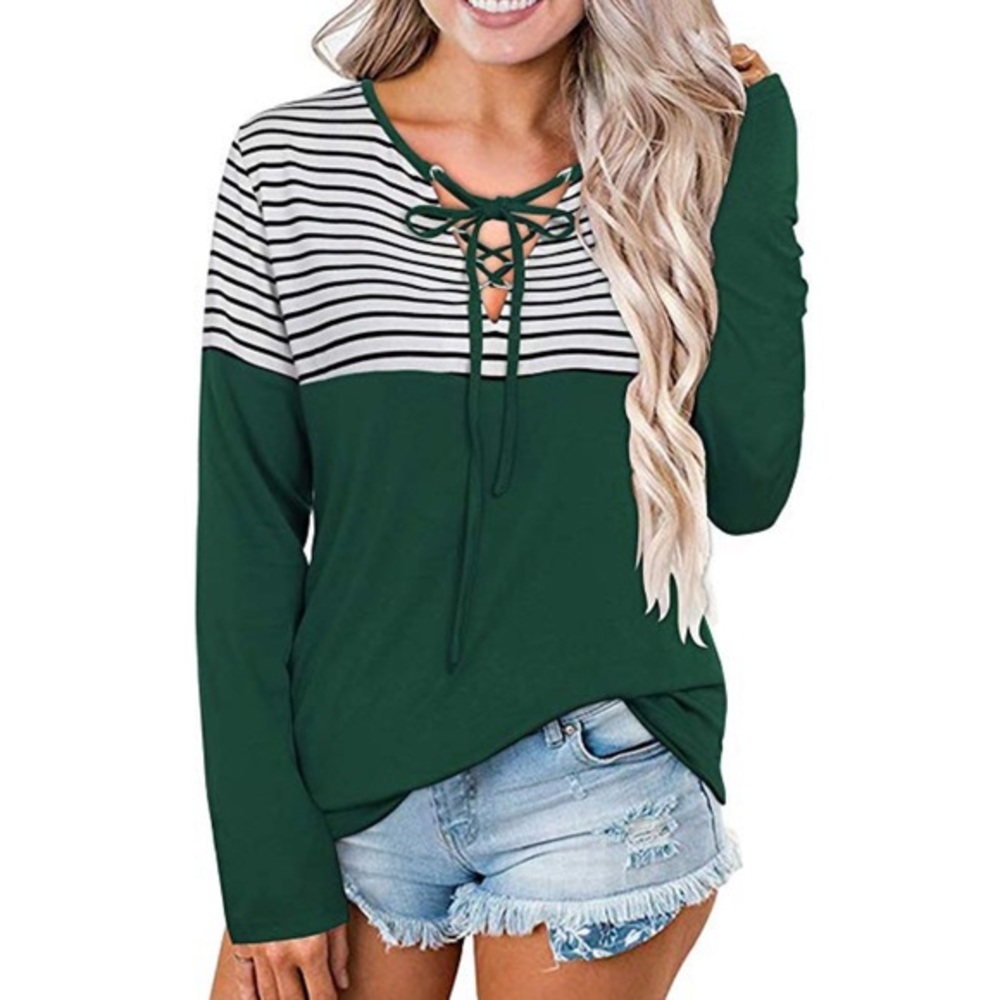 Casual striped lace front top.  NWT